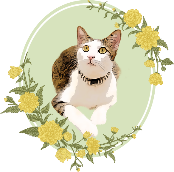 花のリースと猫のイラスト